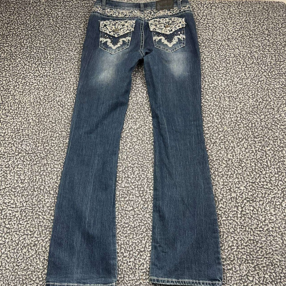Soundgirl Flare Jeans Women 11 Blue Denim Lace Embroidered Flap Pocket 32x33 - Picture 2 of 9